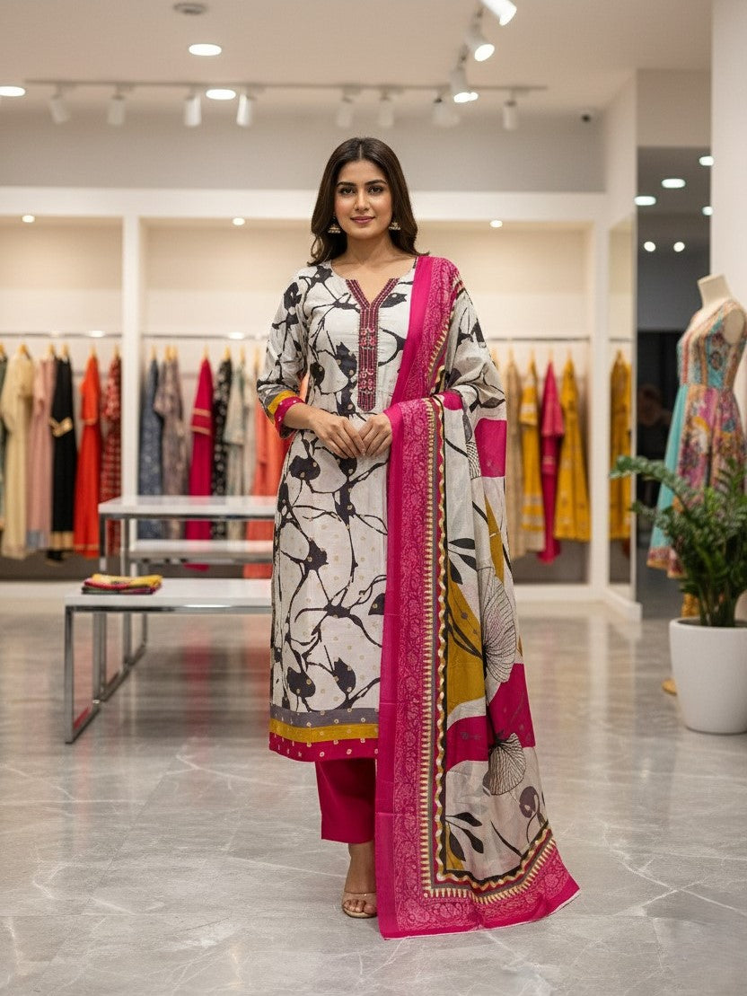 Pink Cotton Printed Unstitched Dress Material