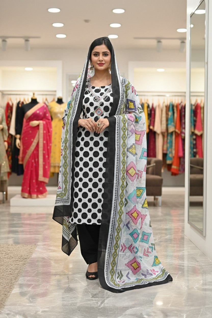 Black & White Cotton Printed Unstitched Dress Material