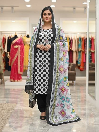 Black & White Cotton Printed Unstitched Dress Material
