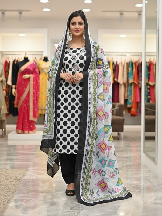 Black & White Cotton Printed Unstitched Dress Material
