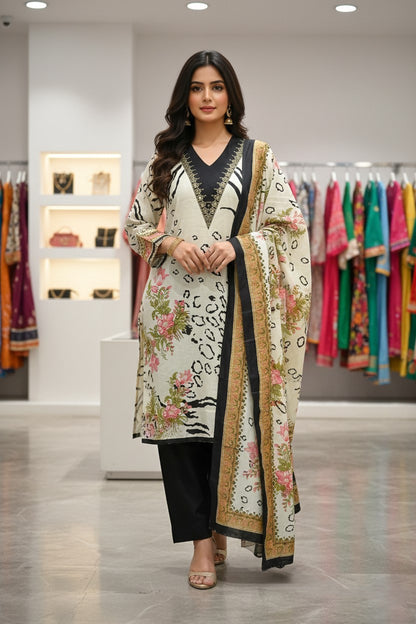 Cream Cotton Printed Unstitched Dress Material