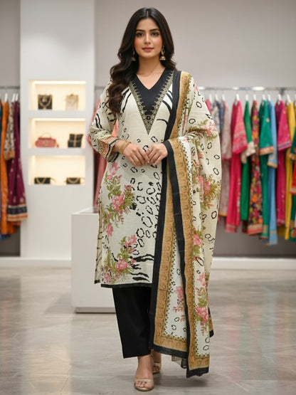 Cream Cotton Printed Unstitched Dress Material