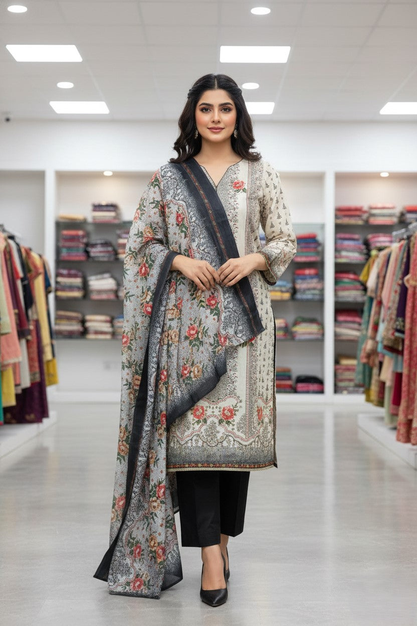 Beige Printed Unstitched Dress Material