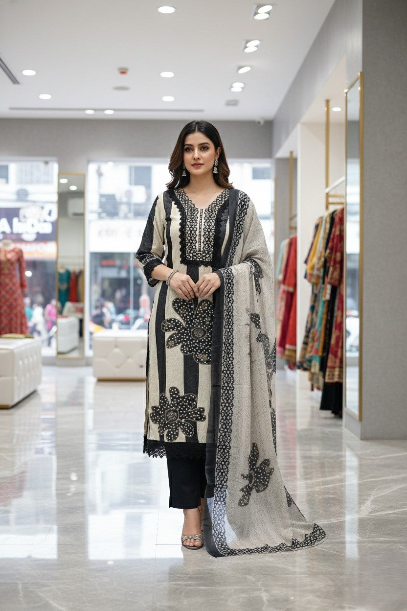 Beige Printed Unstitched Dress Material With Dupatta