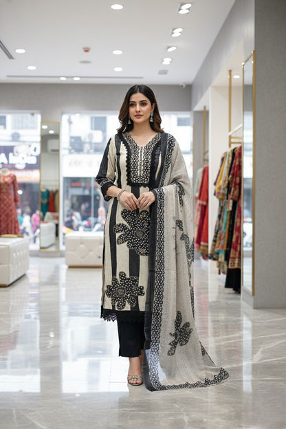 Beige Printed Unstitched Dress Material With Dupatta