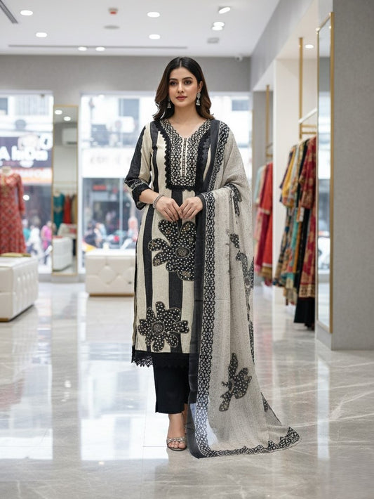 Beige Printed Unstitched Dress Material With Dupatta