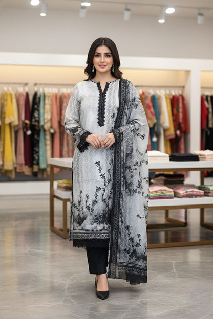 Black & White Rayon Printed Unstitched Dress Material