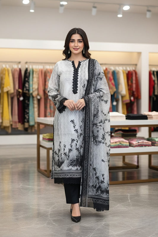 Black & White Rayon Printed Unstitched Dress Material
