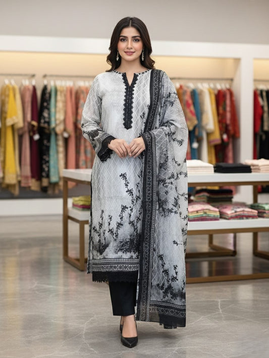 Black & White Rayon Printed Unstitched Dress Material