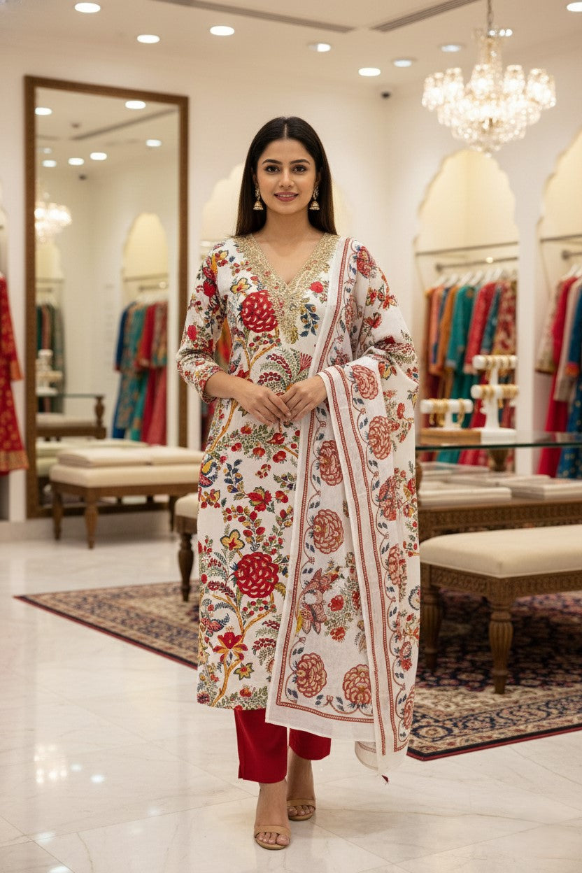 White & Red Cotton Printed Unstitched Dress Material