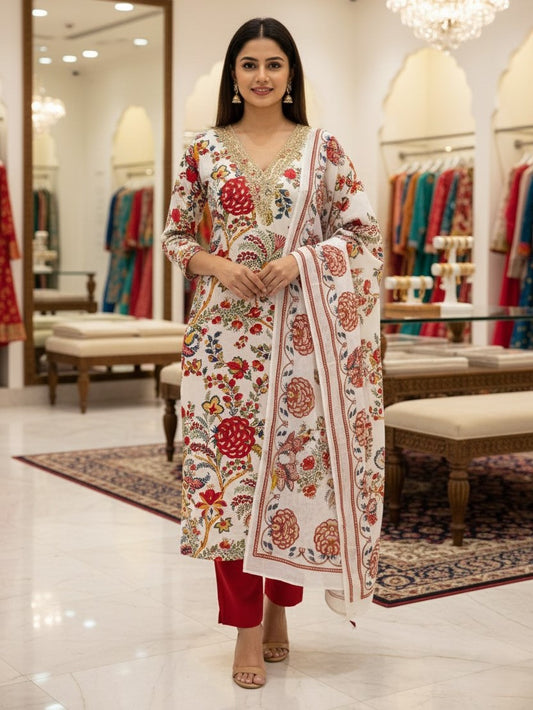 White & Red Cotton Printed Unstitched Dress Material