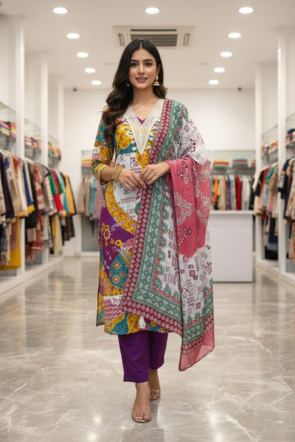 Yellow Cotton Printed Unstitched Dress Material