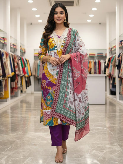 Yellow Cotton Printed Unstitched Dress Material