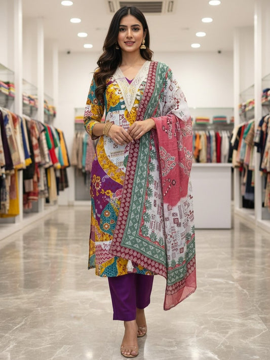 Yellow Cotton Printed Unstitched Dress Material
