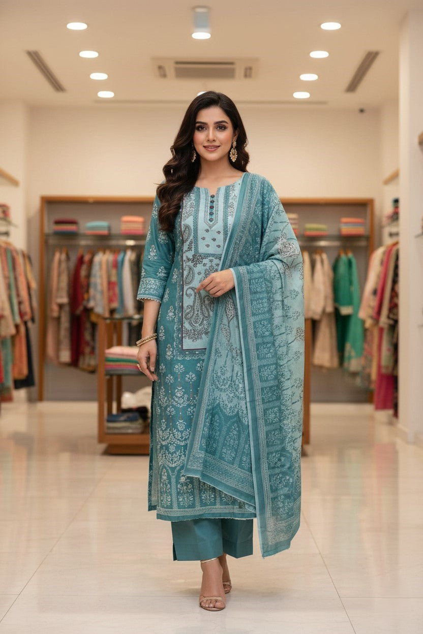 Sea Green Cotton Printed Unstitched Dress Material