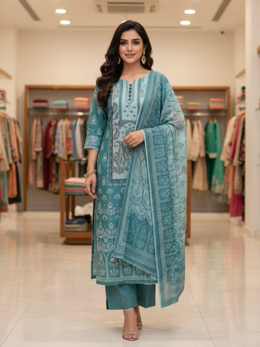 Sea Green Cotton Printed Unstitched Dress Material