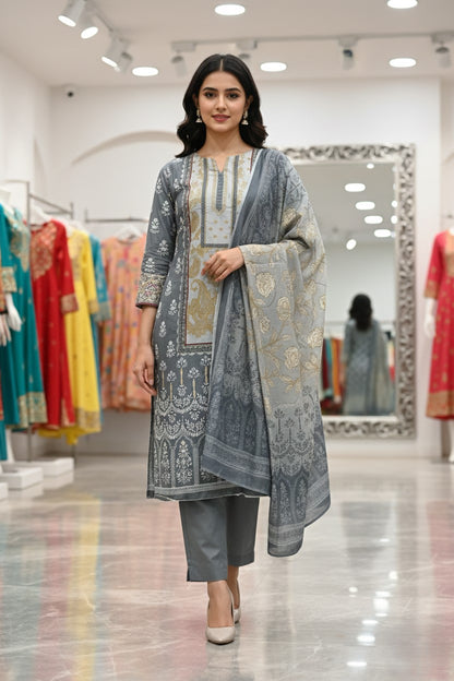 Grey Cotton Printed Unstitched Dress Material