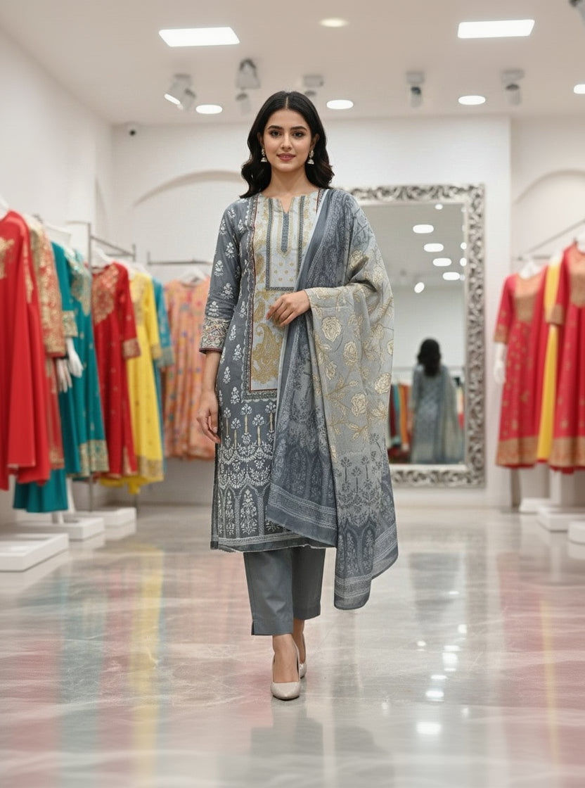 Grey Cotton Printed Unstitched Dress Material