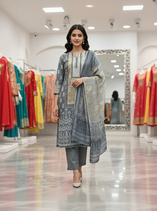 Grey Cotton Printed Unstitched Dress Material