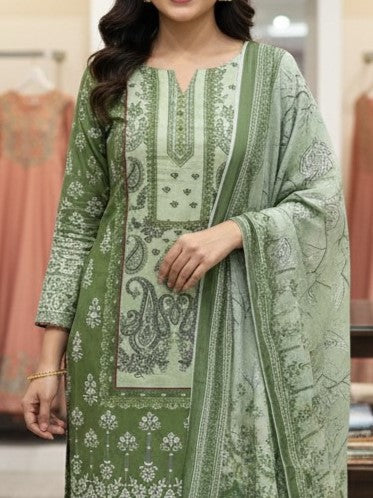 Olive Cotton Printed Unstitched Dress Material