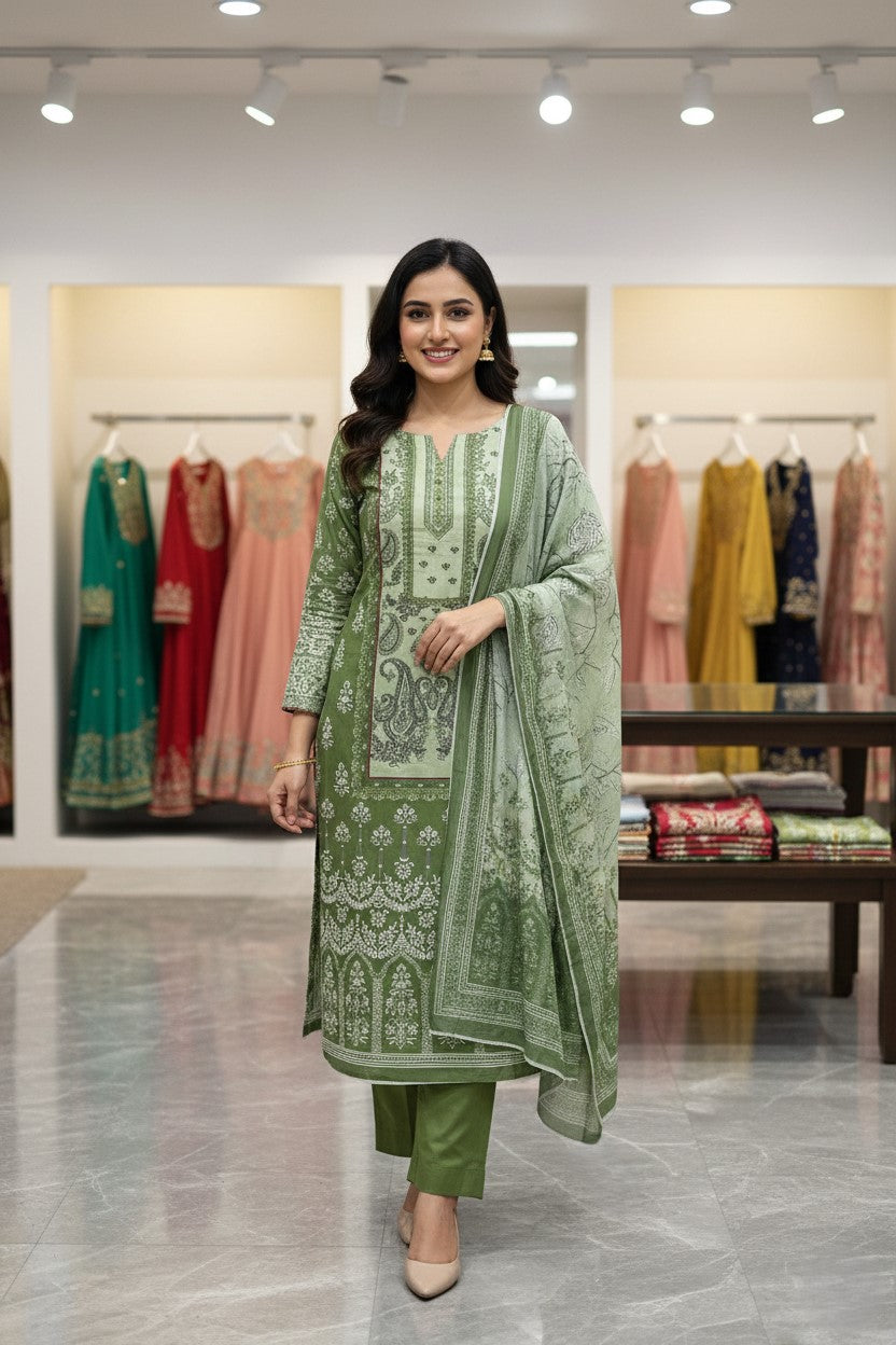 Olive Cotton Printed Unstitched Dress Material