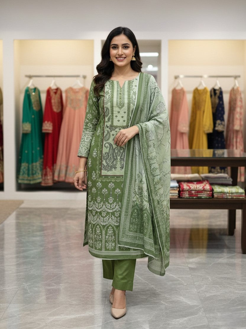 Olive Cotton Printed Unstitched Dress Material