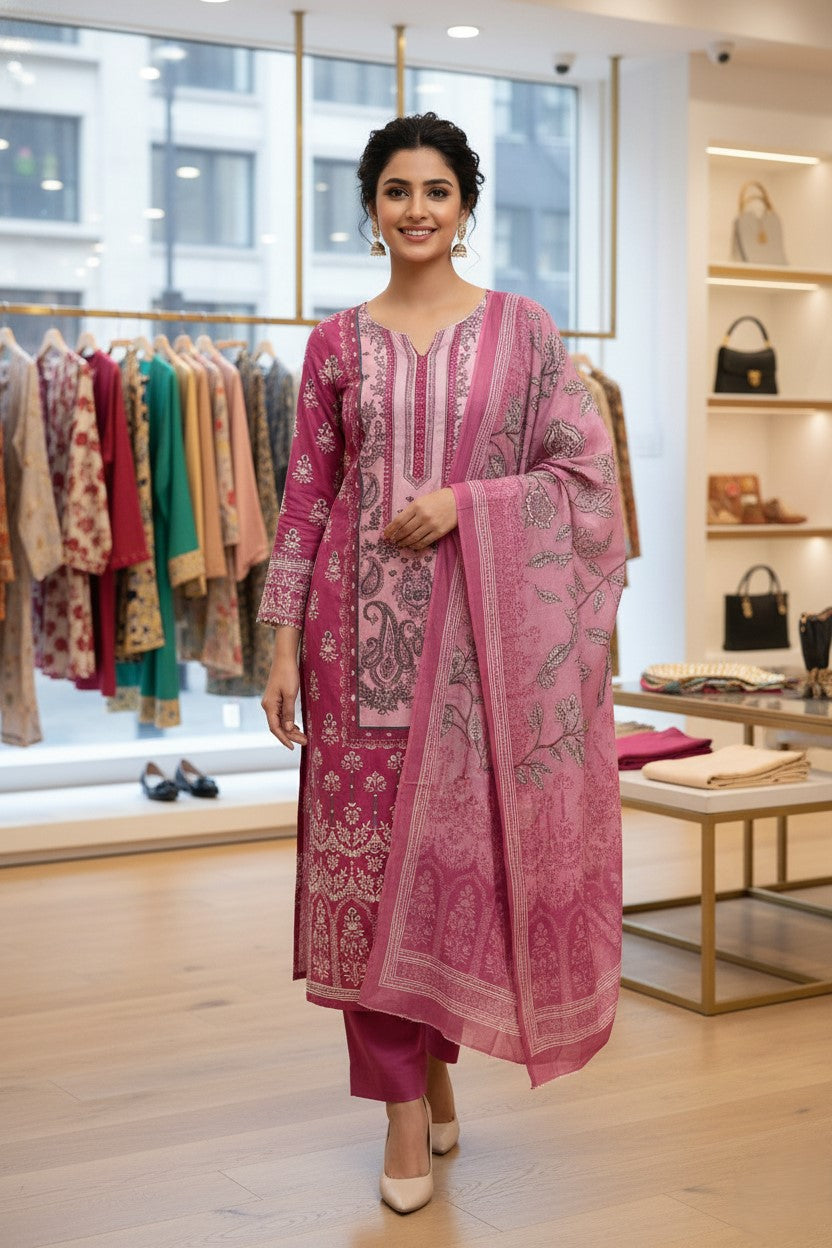 Pink Cotton Printed Unstitched Dress Material