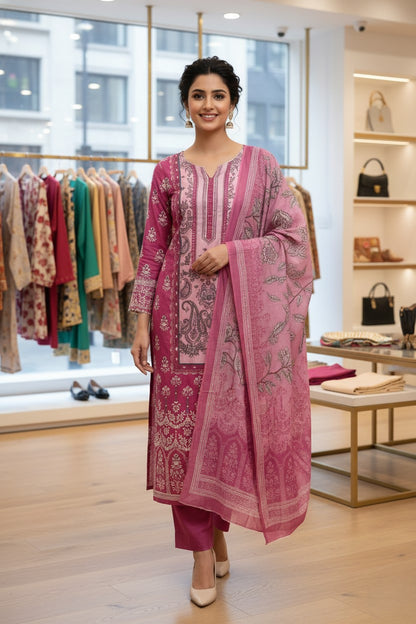 Pink Cotton Printed Unstitched Dress Material