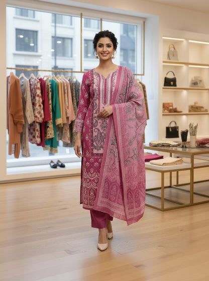 Pink Cotton Printed Unstitched Dress Material