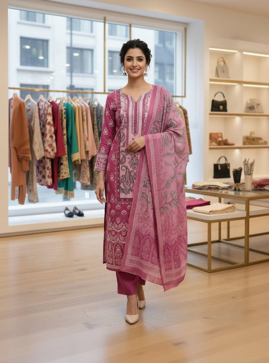 Pink Cotton Printed Unstitched Dress Material