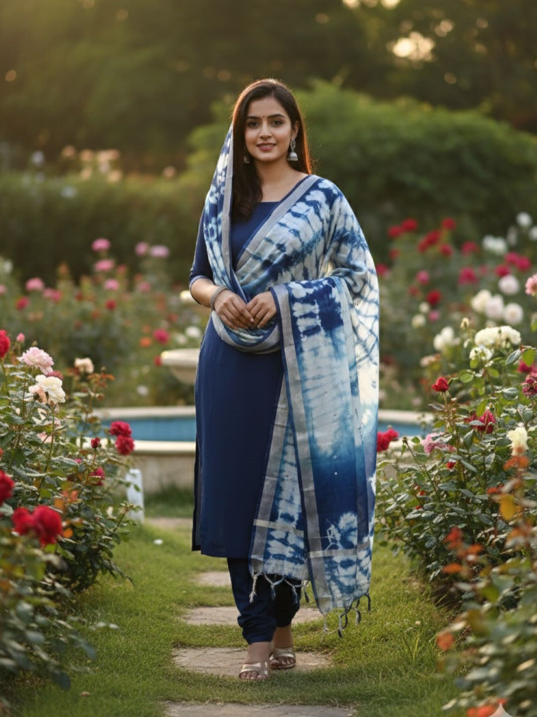 Blue Cotton Silk Tie and Dye Dupatta With Zari Border