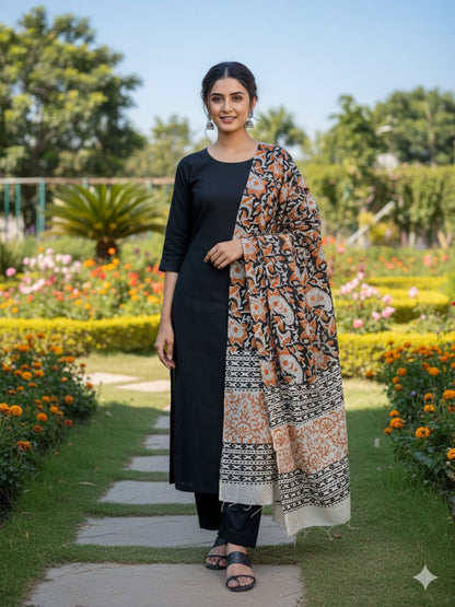 Black Solid Pure Cotton Unstitched Dress Material (with printed Dupatta)