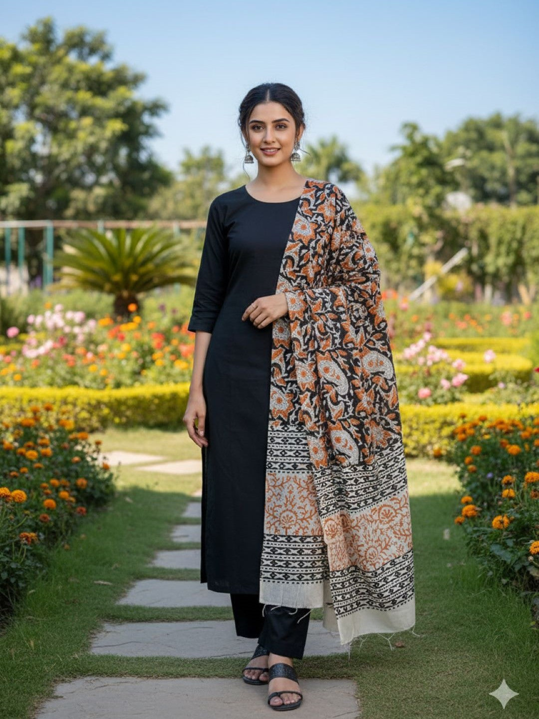 Rust Kalamkari Hand Block Printed Pure Cotton Dupatta