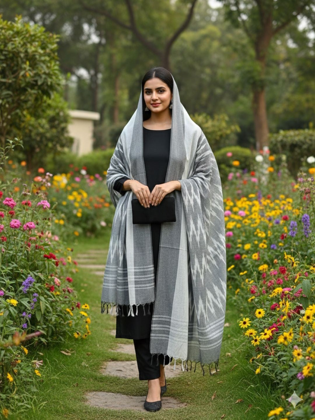 Grey Woven Design Pure Cotton Ikat Dupatta
