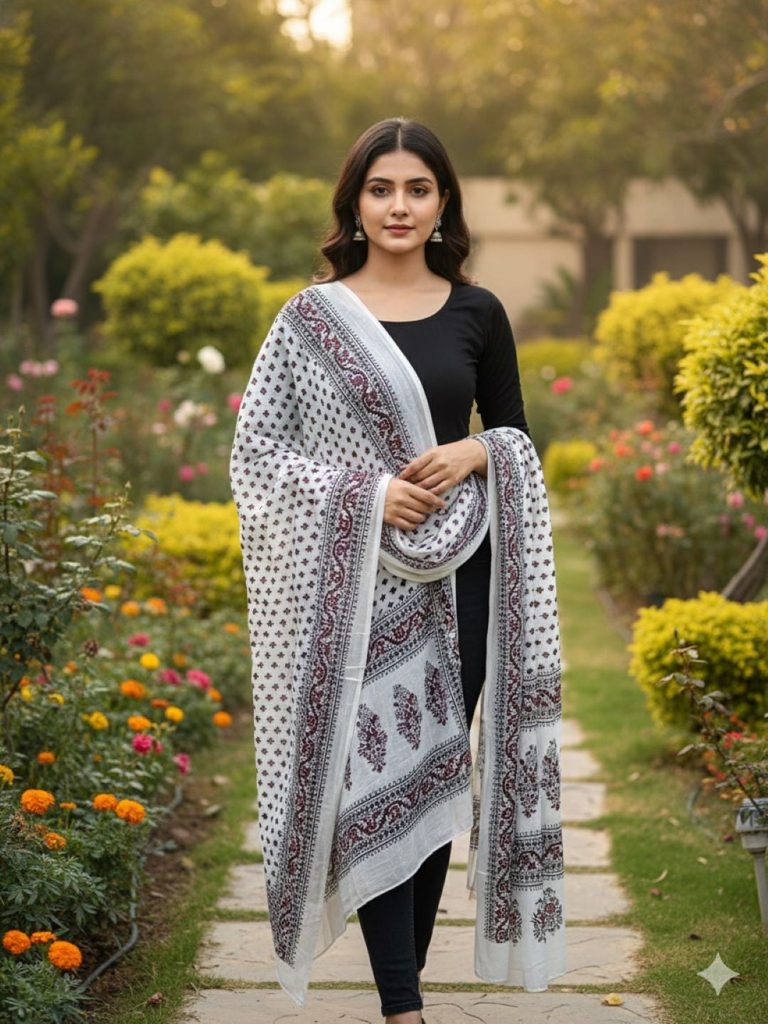 White Hand Block Printed Pure Cotton Dupatta
