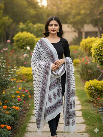 White Hand Block Printed Pure Cotton Dupatta