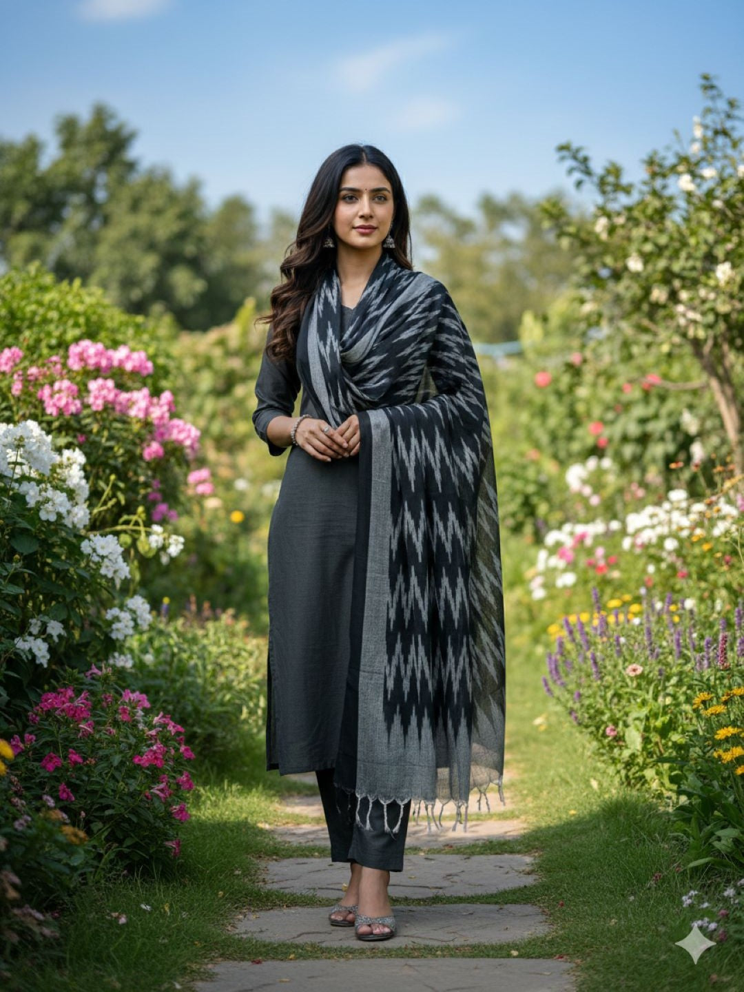 Black Woven Design Pure Cotton Ikat Dupatta