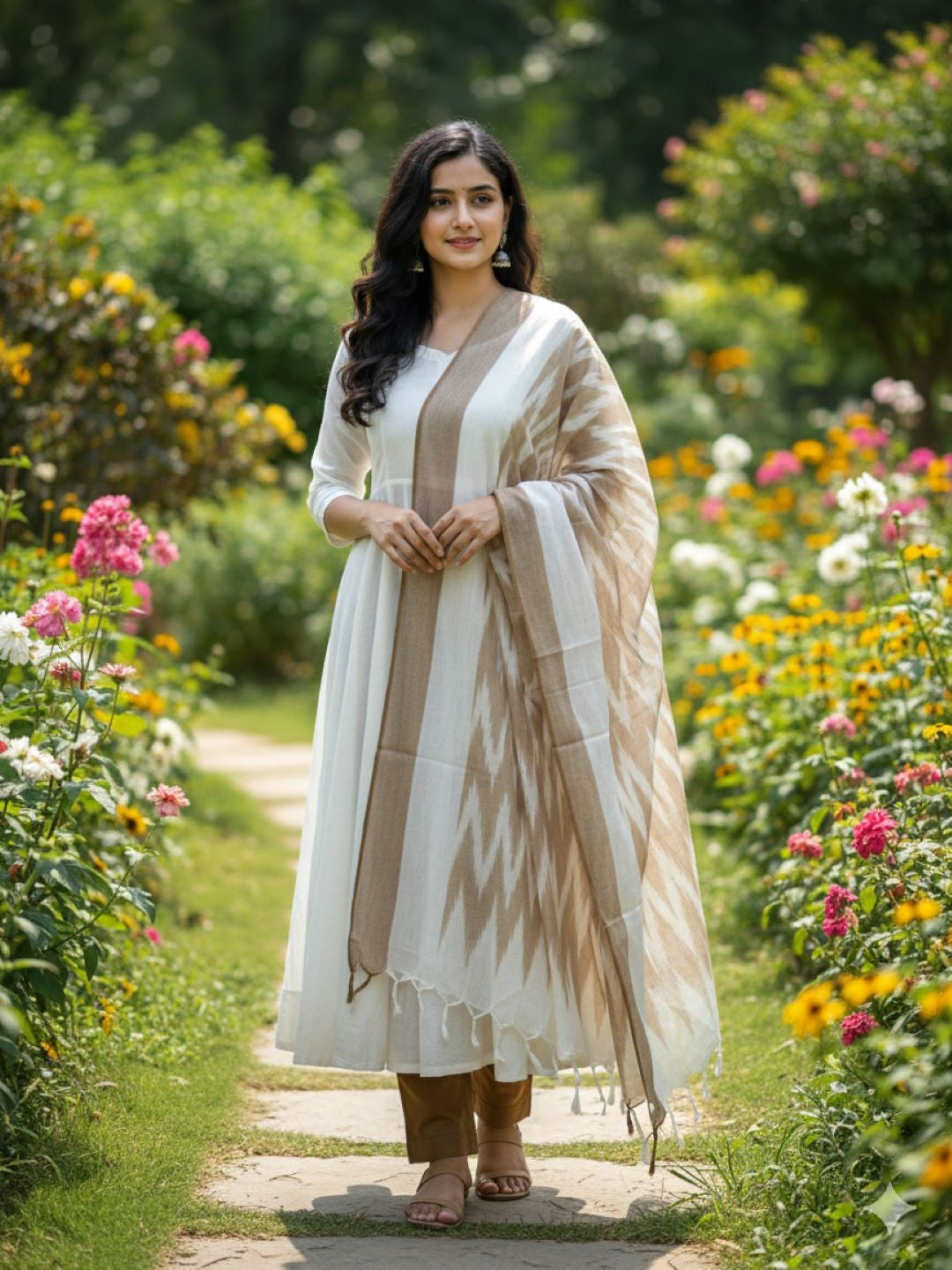 Brown Woven Design Pure Cotton Ikat Dupatta