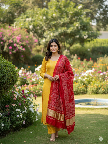 Red Silk Bandhani Printed Dupatta With Zari Border