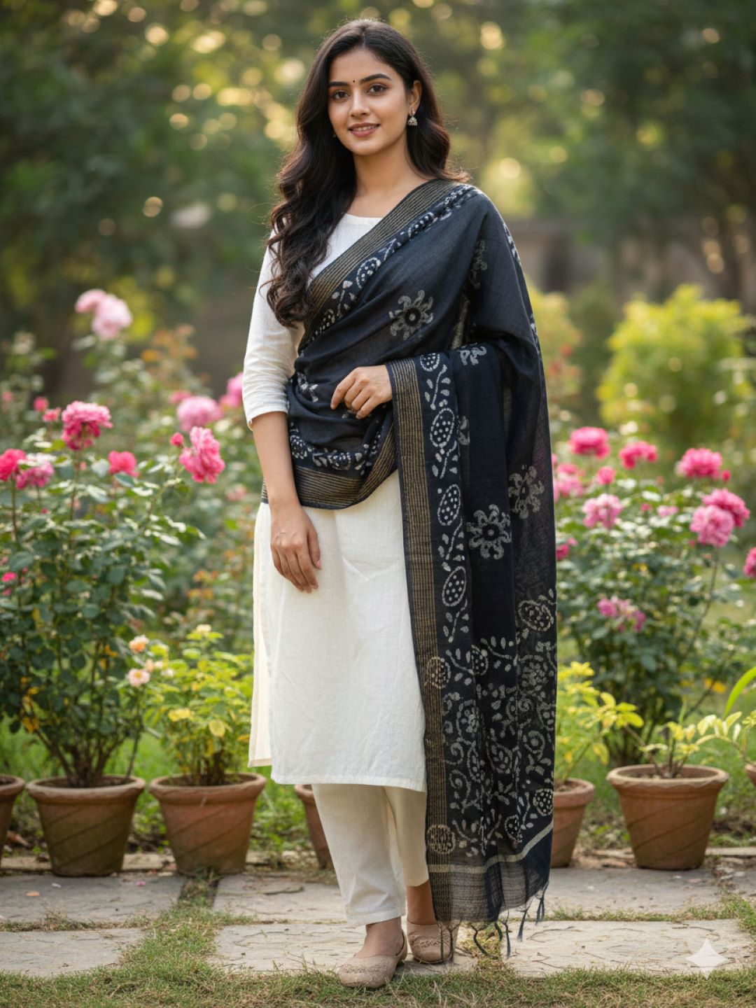 Black Batik Printed Cotton Dupatta