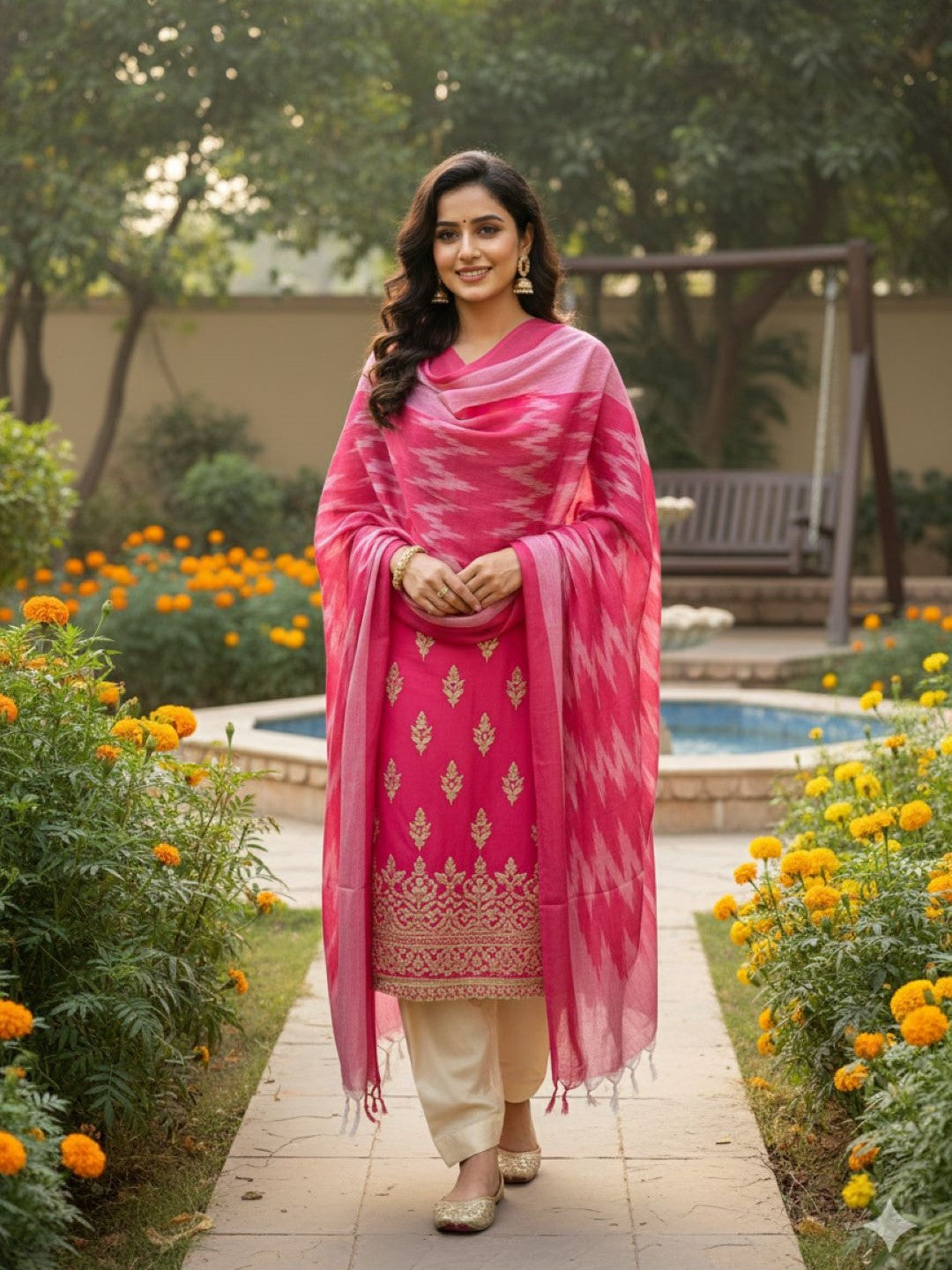 Pink Woven Design Pure Cotton Ikat Dupatta