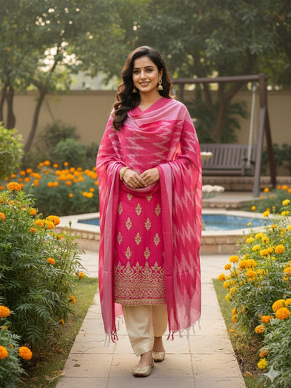 Pink Woven Design Pure Cotton Ikat Dupatta