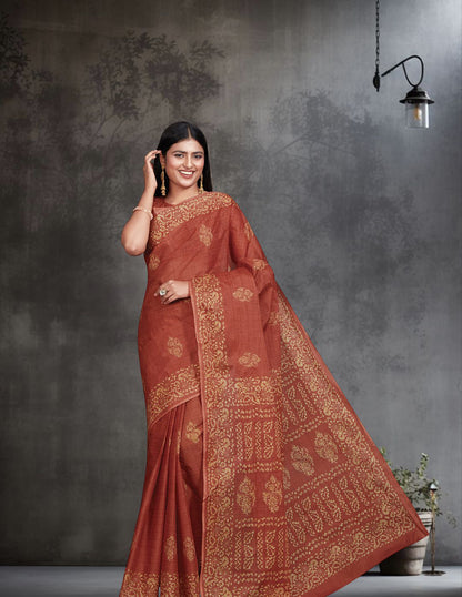 TANUSHRI Peach Printed Pure Cotton Saree