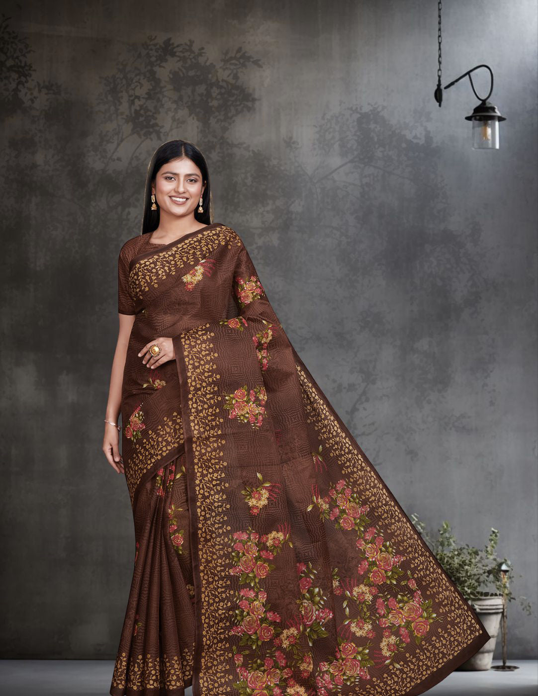 SHIBORI Brown Printed Pure Cotton Saree