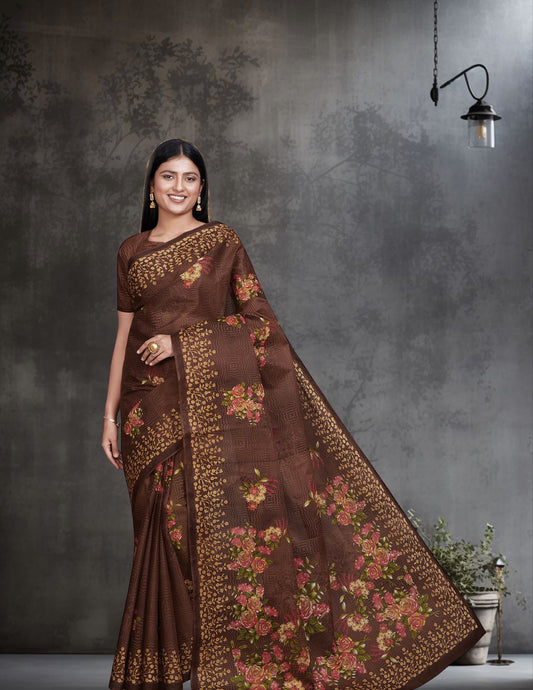 SHIBORI Brown Printed Pure Cotton Saree