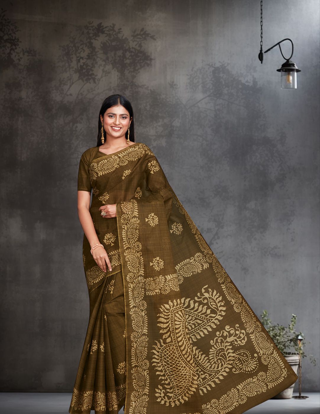 TANUSHRI Olive Printed Pure Cotton Saree