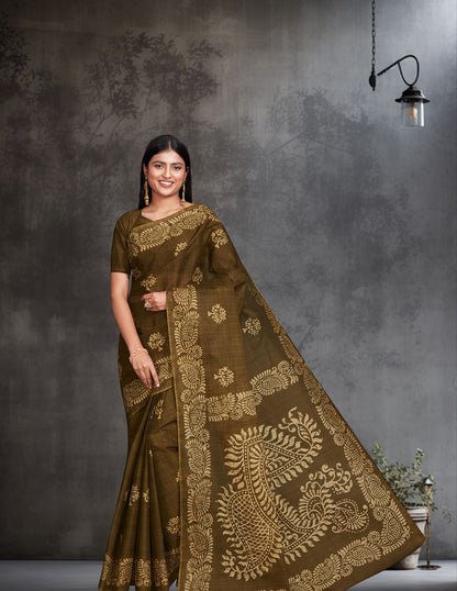TANUSHRI Olive Printed Pure Cotton Saree