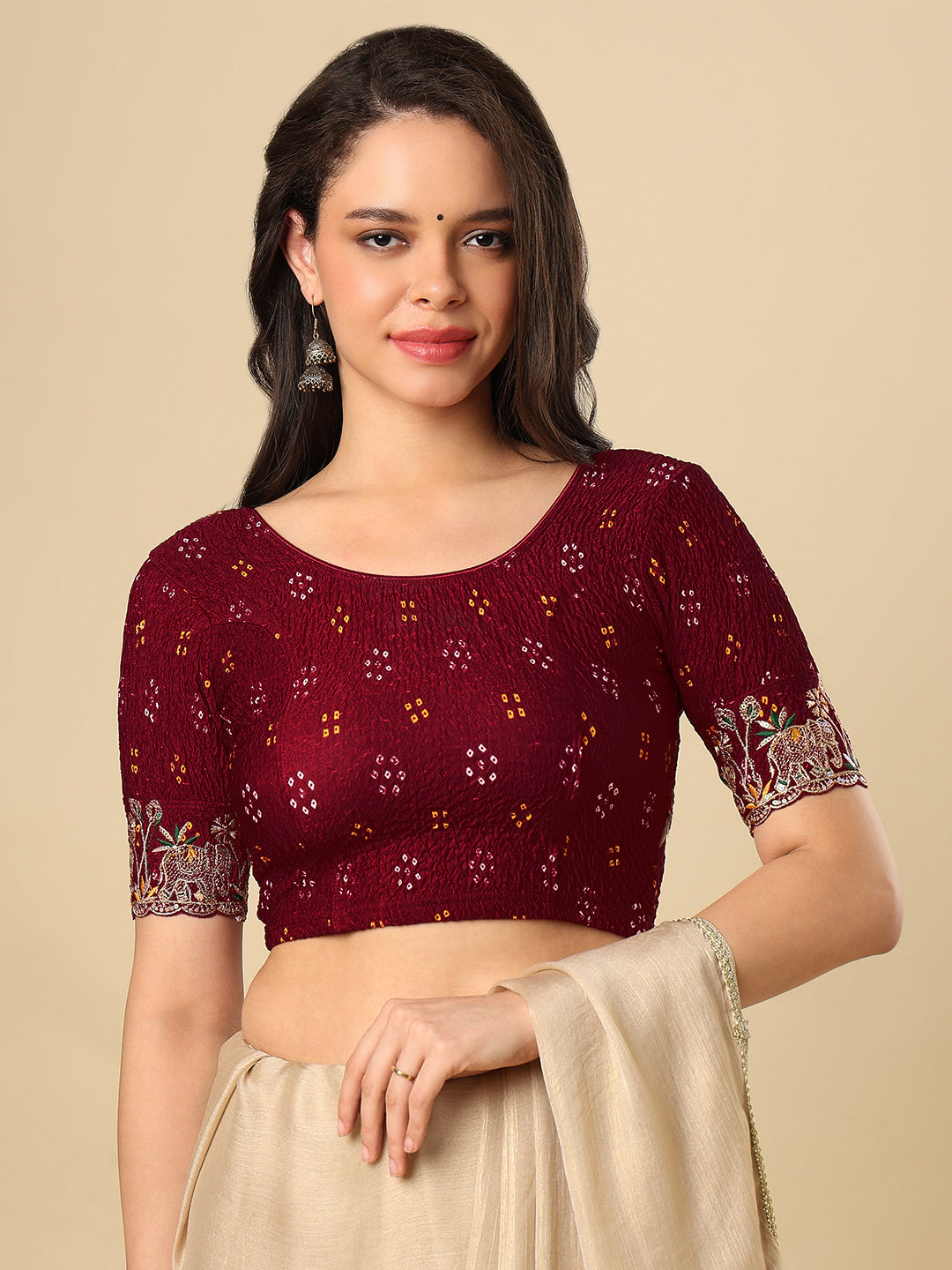 Maroon Embroidered Non Padded Stretchable Garba Saree Blouse
