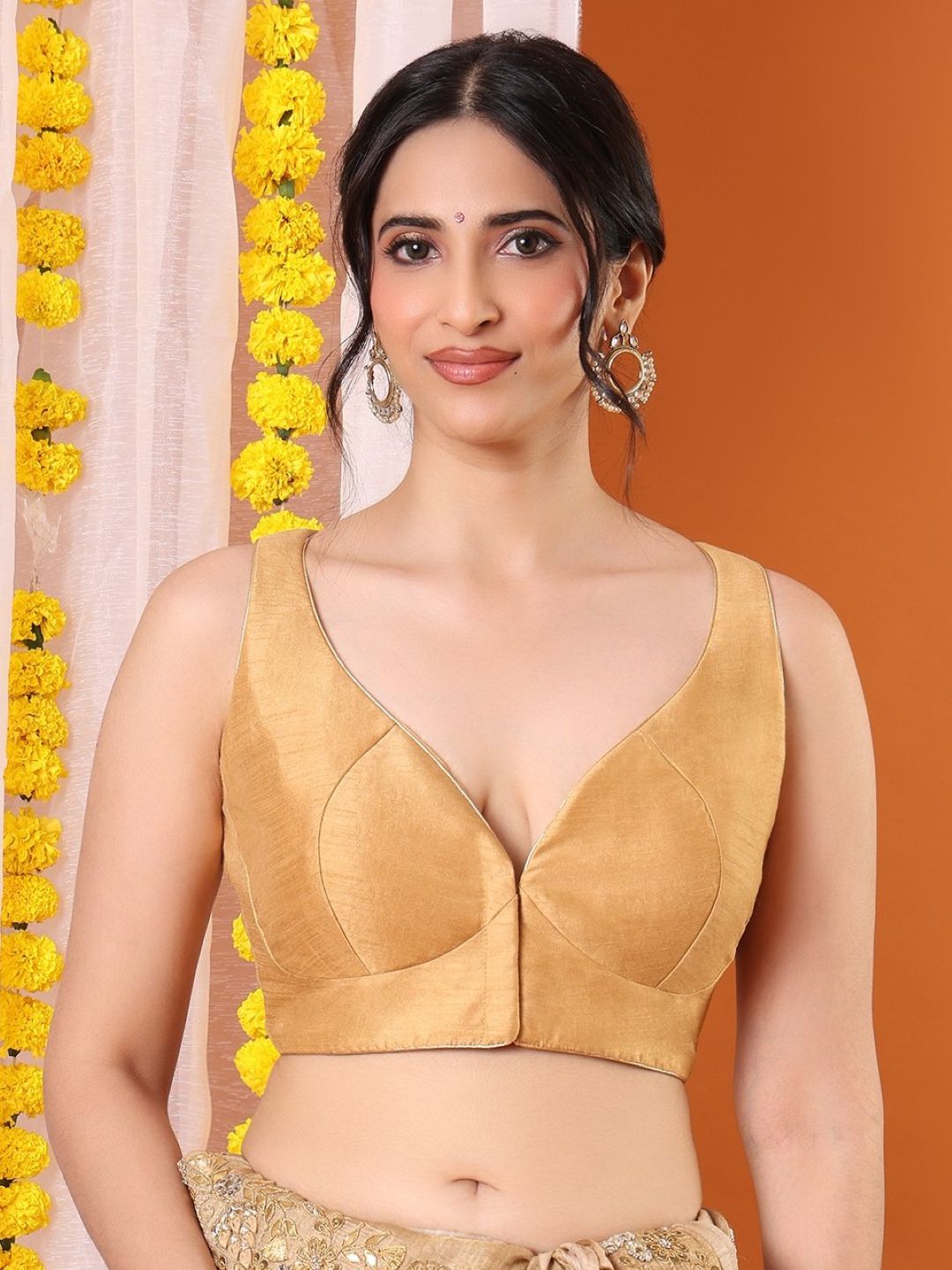 Beige Silk Embroidered Sweetheart Neck Padded Saree Blouse