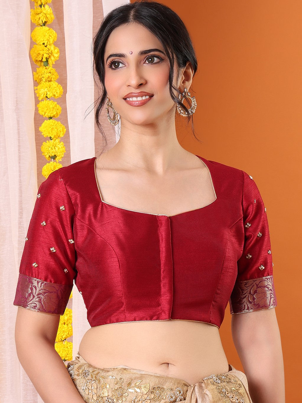 Maroon Silk Embroidered Sweetheart Neck Padded Saree Blouse